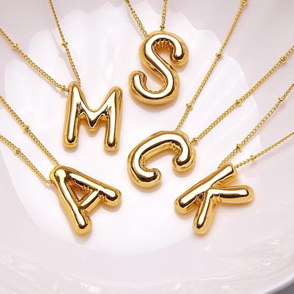 Gold Bubble Letter Necklace for Women, Dainty 14K Plated Balloon Initial Pendant - Picture 7 of 7